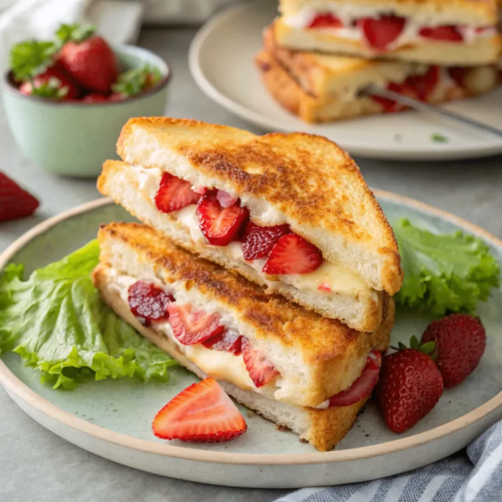 Gebratene Erdbeer-Käsekuchen-Sandwiches mit frischen Erdbeeren und Puderzucker auf rustikalem Tisch