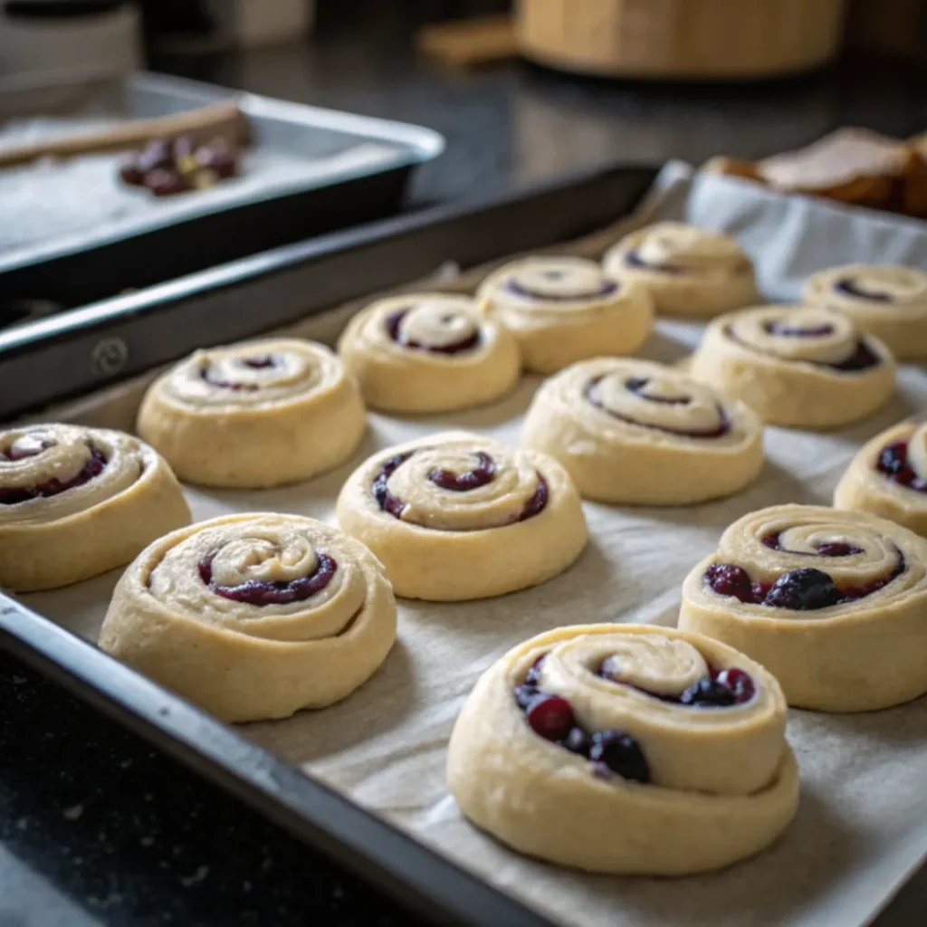 Geformte Schnecken vor dem Backen Schwedische Blaubeer-Schnecken