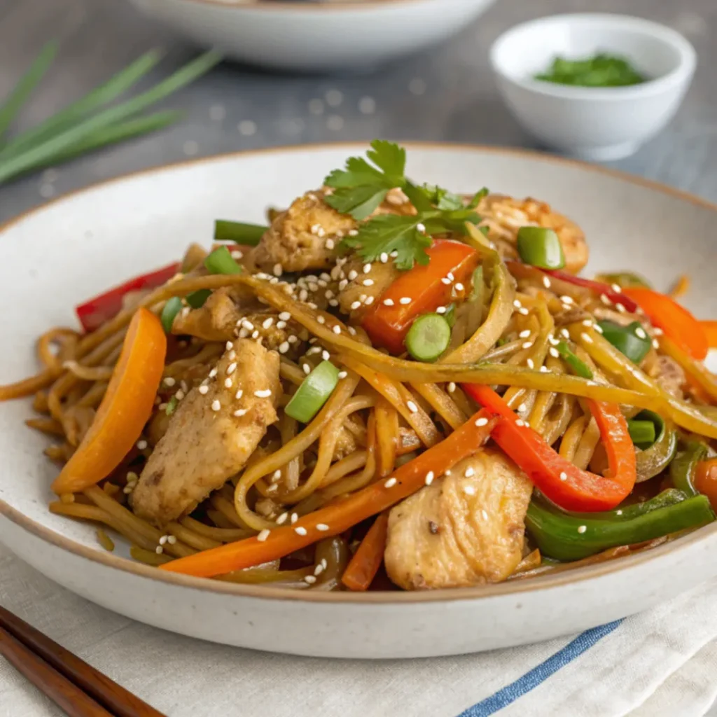 Leckere Goreng-Nudeln mit Gemüse, Ei und Sesam – asiatisches Rezept