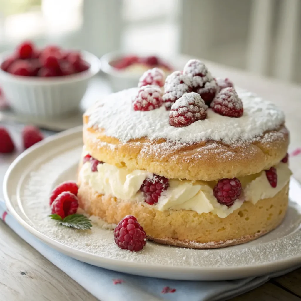 Himbeerwolke mit Mascarponecreme mit frischen Himbeeren und Puderzucker auf weißem Teller