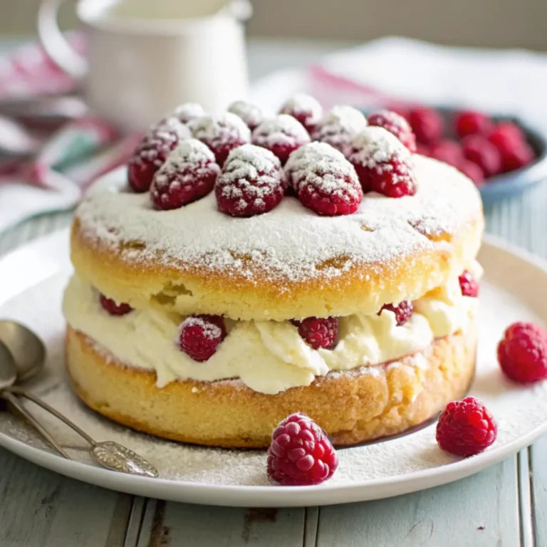 Himbeerwolke mit Mascarponecreme mit frischen Himbeeren und Puderzucker auf weißem Teller