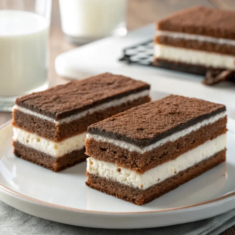 Kinder Milch Sandwich Kuchen in Stücke geschnitten mit fluffigem Kakaoboden und Milchcremefüllung