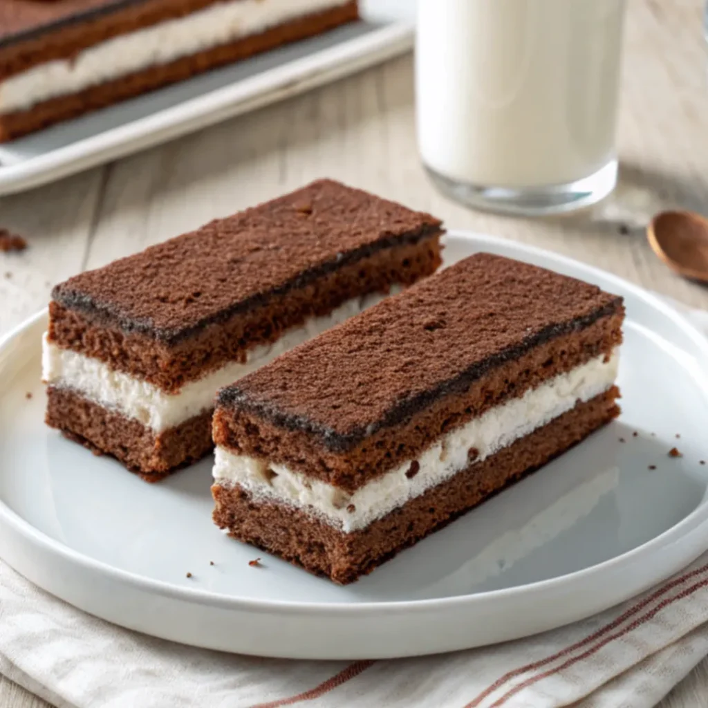 Kinder Milch Sandwich Kuchen in Stücke geschnitten mit fluffigem Kakaoboden und Milchcremefüllung