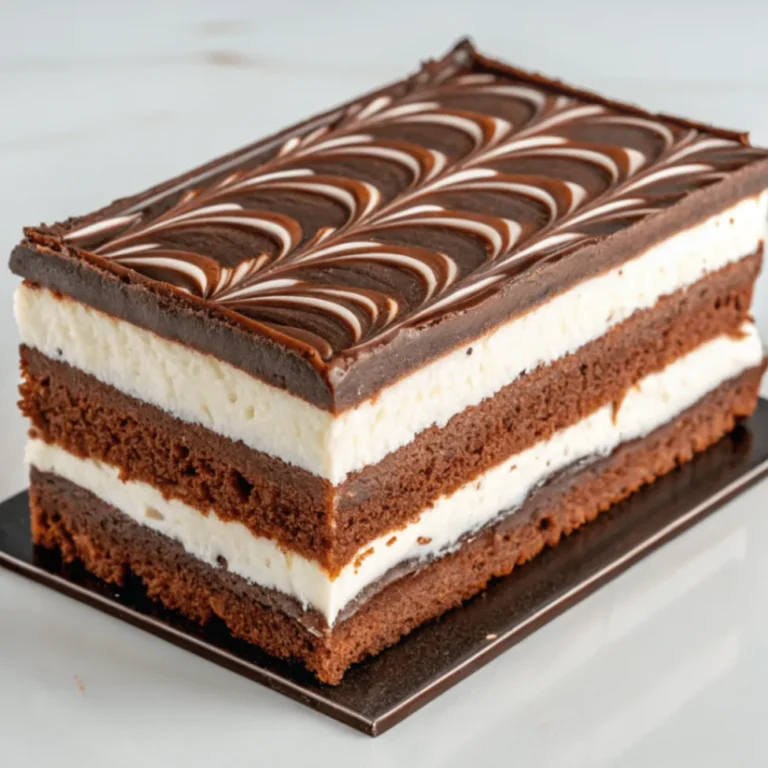 Kinder Pingui Kuchen mit Schokoladenglasur und cremiger Füllung aufgeschnitten