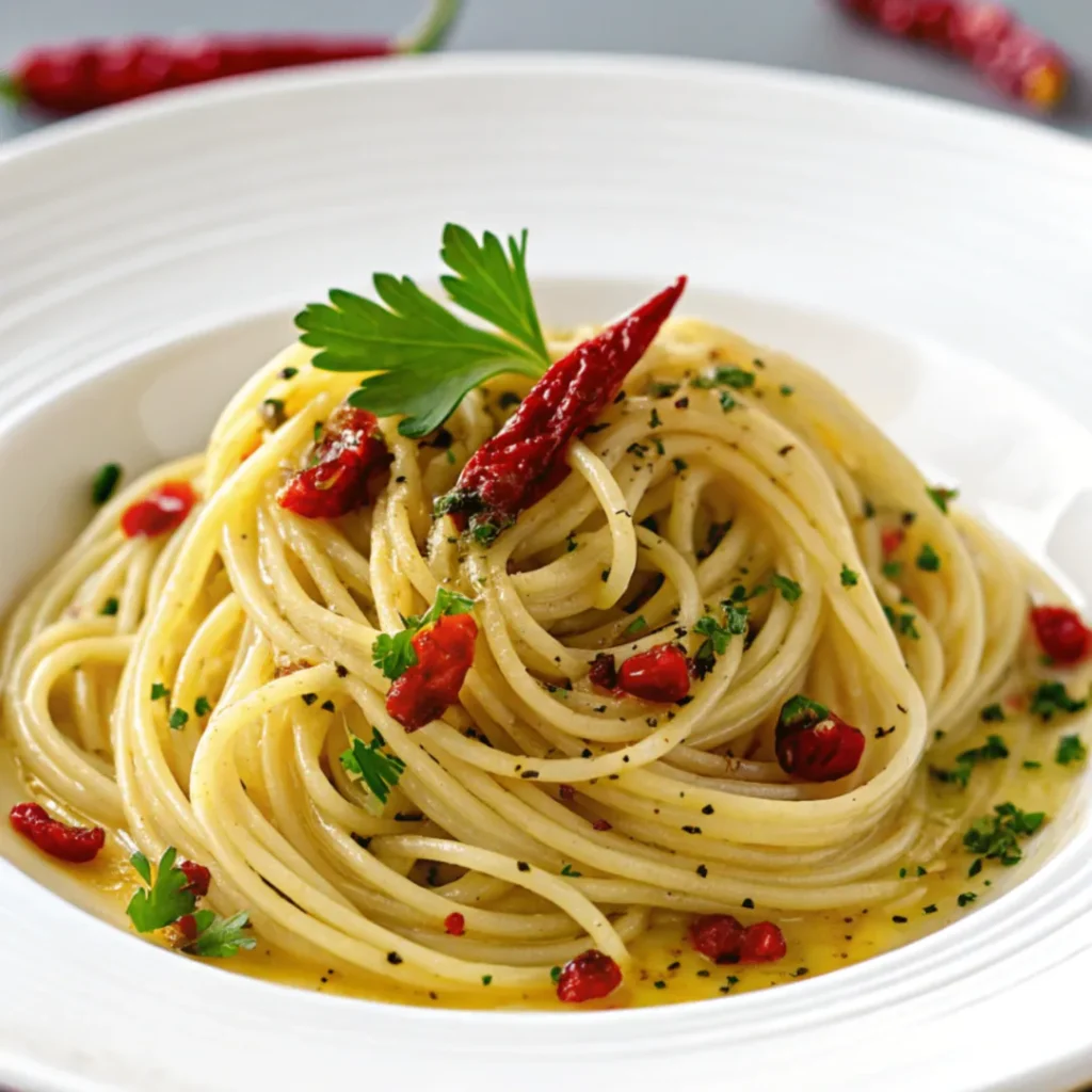 Authentische Spaghetti aglio olio e peperoncino mit Knoblauch, Olivenöl und Chili auf weißem Teller