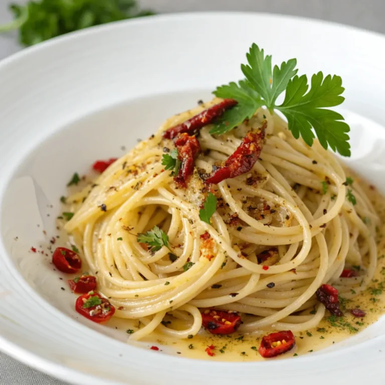 Authentische Spaghetti aglio olio e peperoncino mit Knoblauch, Olivenöl und Chili auf weißem Teller