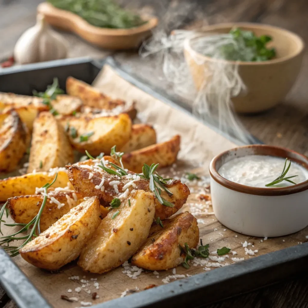 Frisch gebackene Knusprige Parmesankartoffeln aus dem Ofen mit goldbrauner Parmesan-Kruste und Kräutern