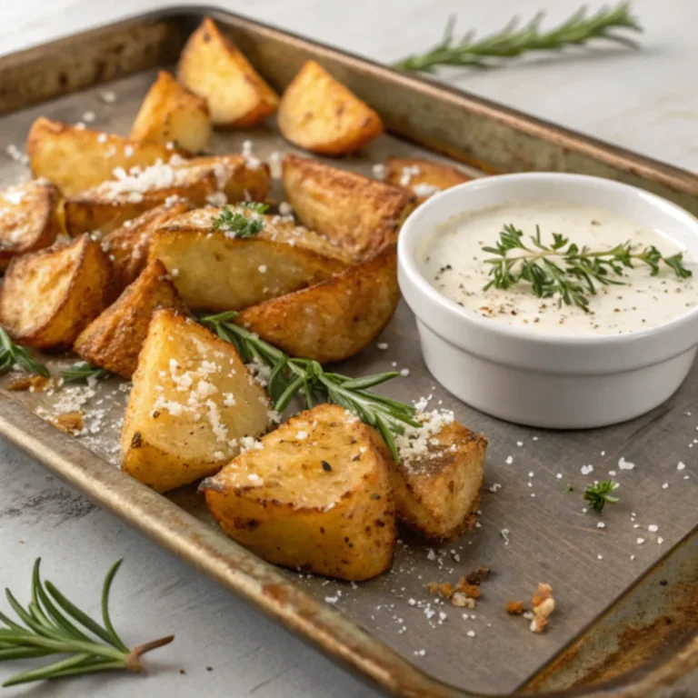 Frisch gebackene Knusprige Parmesankartoffeln aus dem Ofen mit goldbrauner Parmesan-Kruste und Kräutern