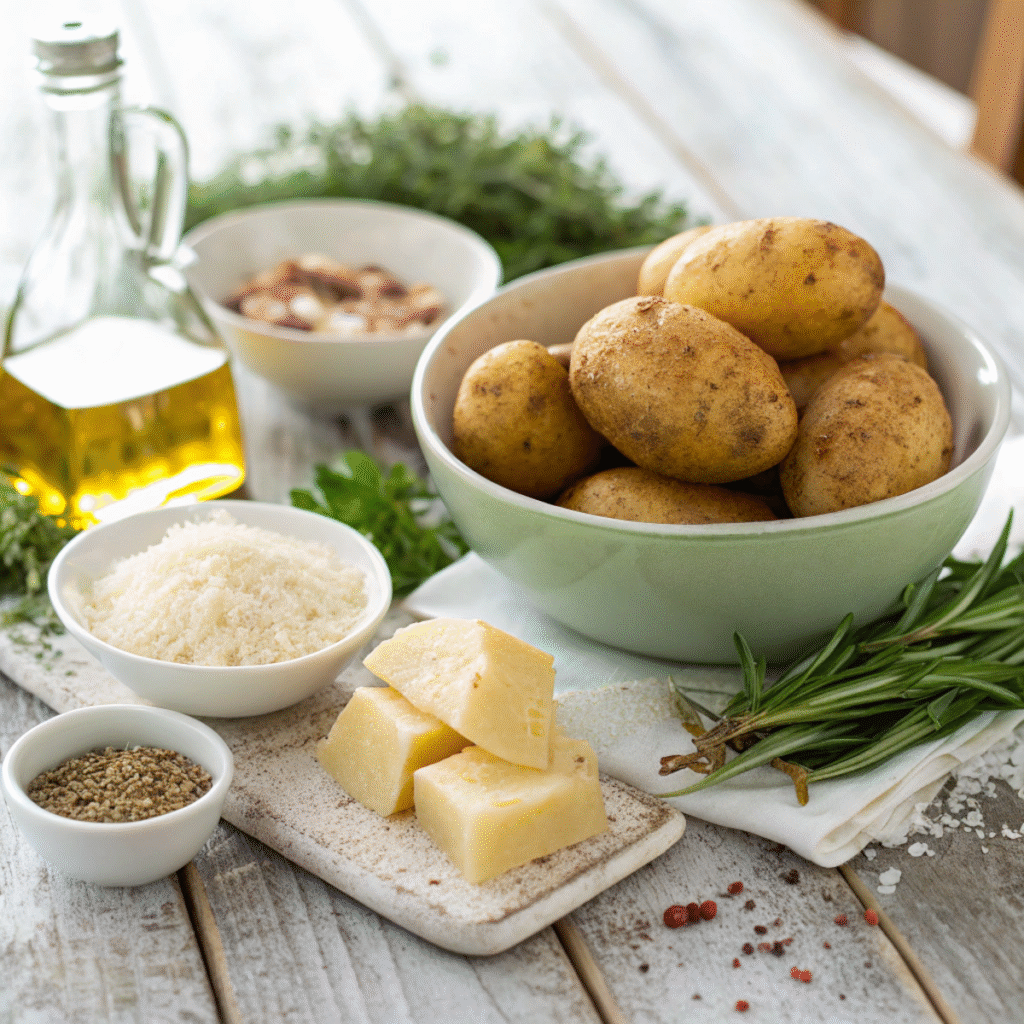 Alle Zutaten für Knusprige Parmesankartoffeln aus dem Ofen: Kartoffeln, Parmesan, Olivenöl, Knoblauch, Paprikapulver, Salz, Pfeffer und frische Kräuter auf rustikalem Tisch