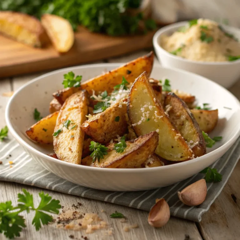 Knusprige goldbraune gebackene Kartoffeln mit Knoblauch & Parmesan, garniert mit frischer Petersilie, serviert auf einem Holzbrett