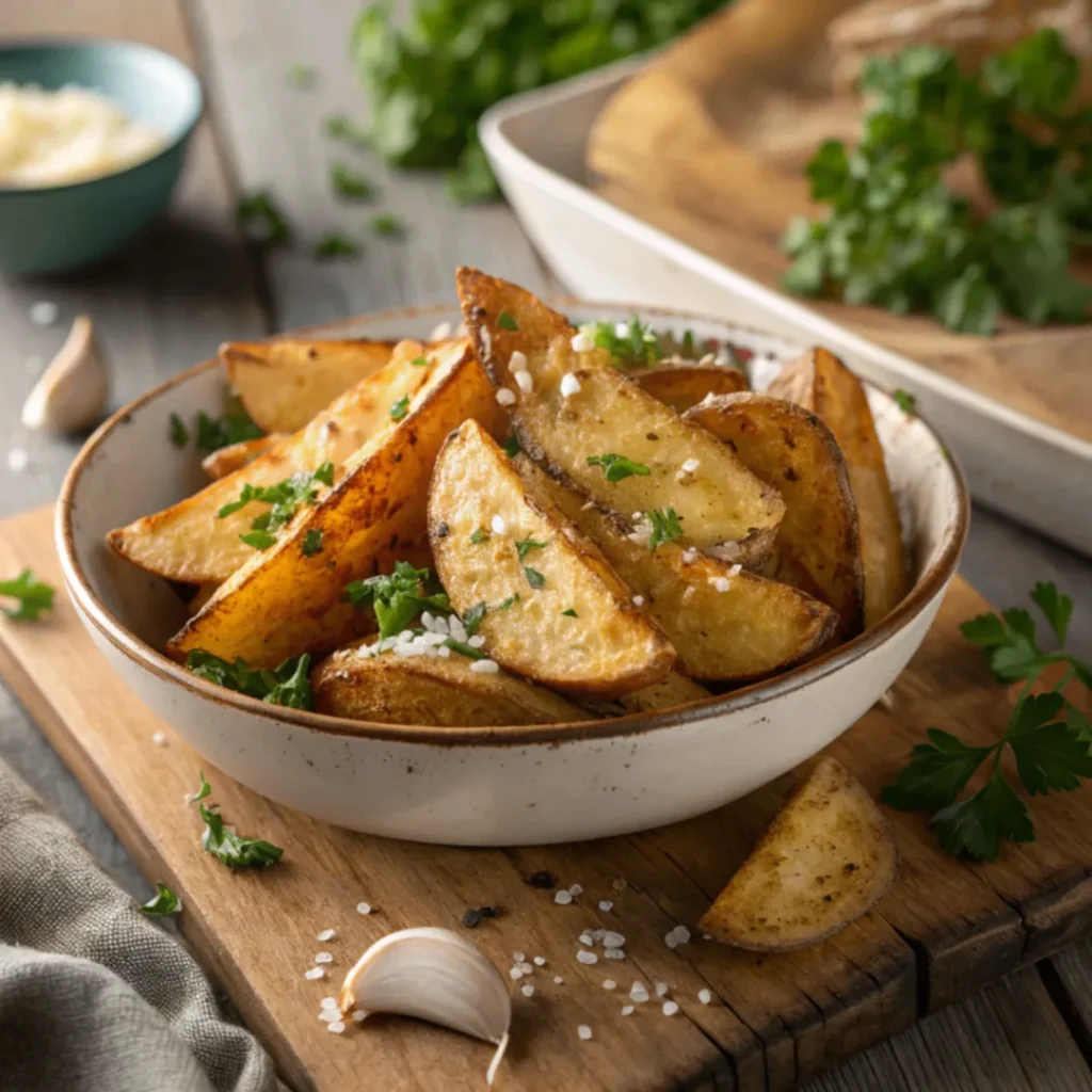 Knusprige goldbraune gebackene Kartoffeln mit Knoblauch & Parmesan, garniert mit frischer Petersilie, serviert auf einem Holzbrett