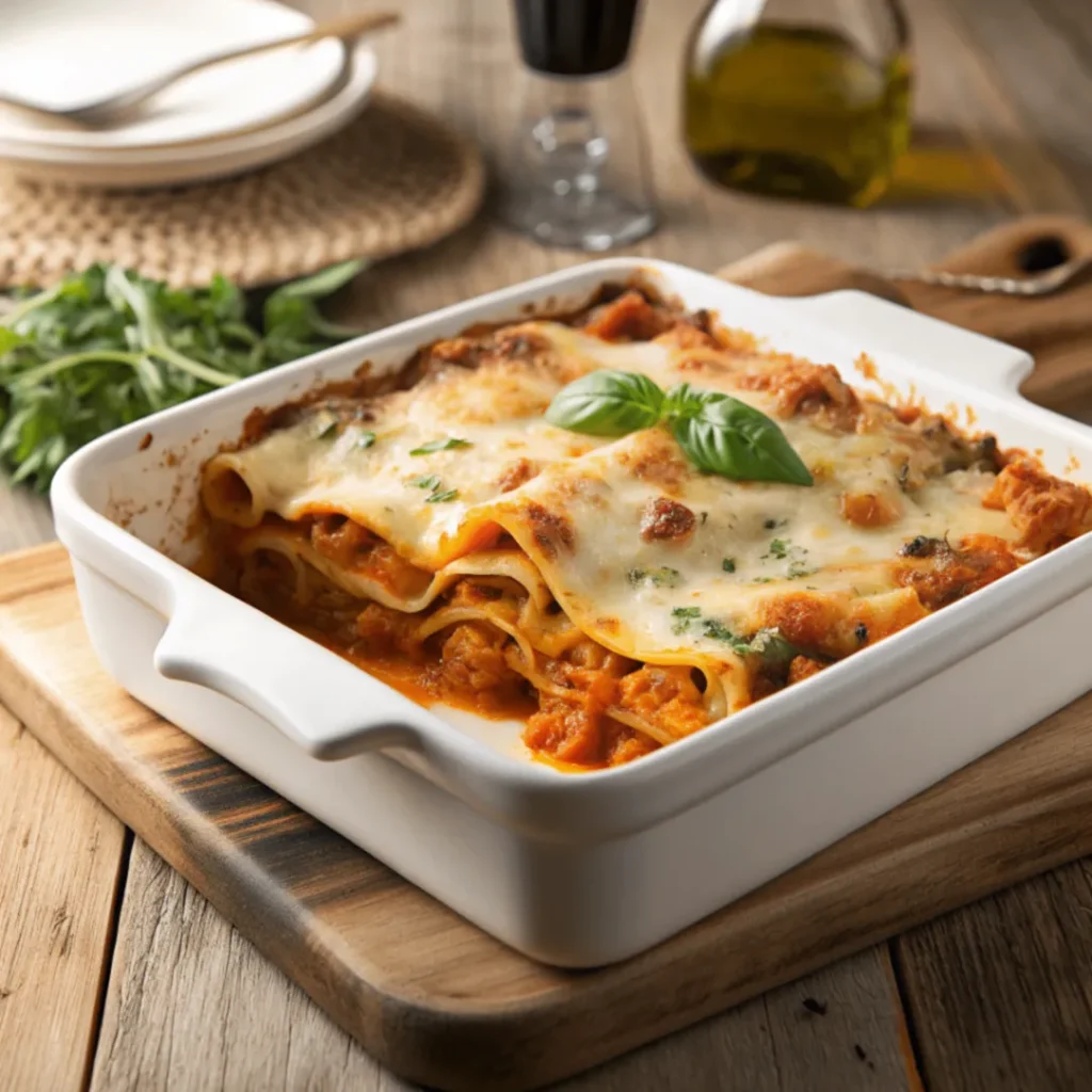 Frisch gebackene Kürbis-Pilz-Lasagne mit goldbrauner Käsekruste in Auflaufform