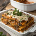 Frisch gebackene Kürbis-Pilz-Lasagne mit goldbrauner Käsekruste in Auflaufform