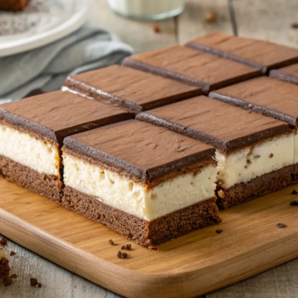 Schritt-für-Schritt-Zubereitung von Milchschnittenkuchen mit Schokoladenbiskuit und Milchcremefüllung