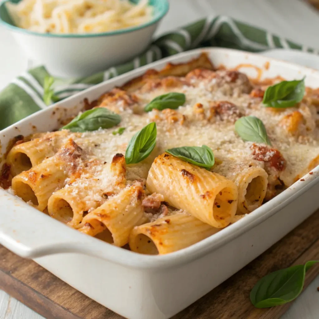 Rigatoni al forno im Ofen gebacken mit Tomatensauce, Käse und frischem Basilikum
