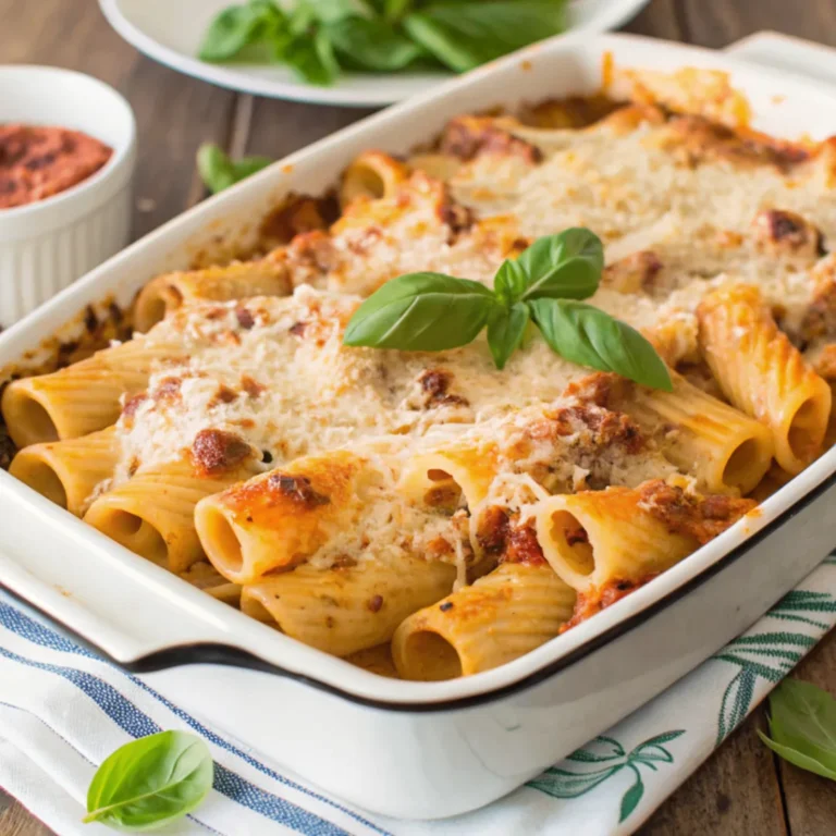 Rigatoni al forno im Ofen gebacken mit Tomatensauce, Käse und frischem Basilikum
