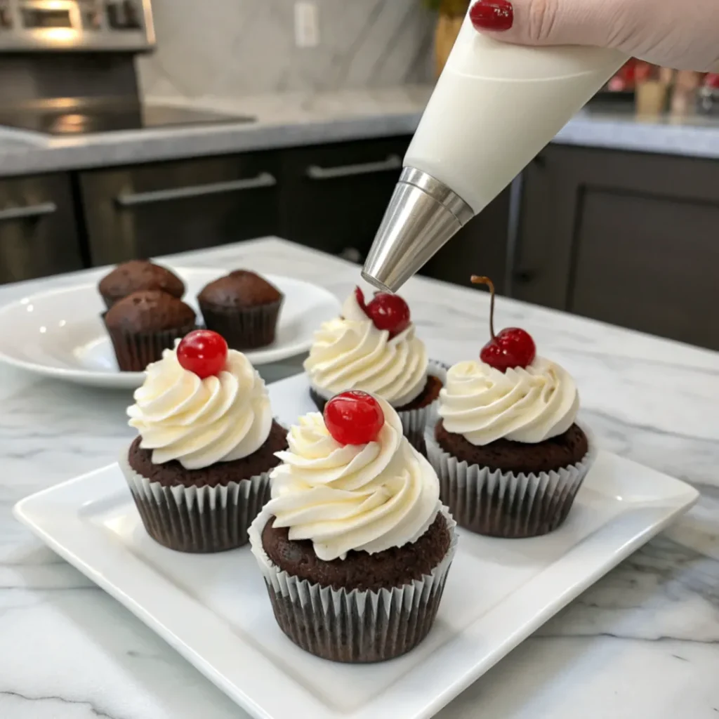 Sahnetopping für Schwarzwälder Kirsch Cupcakes auftragen