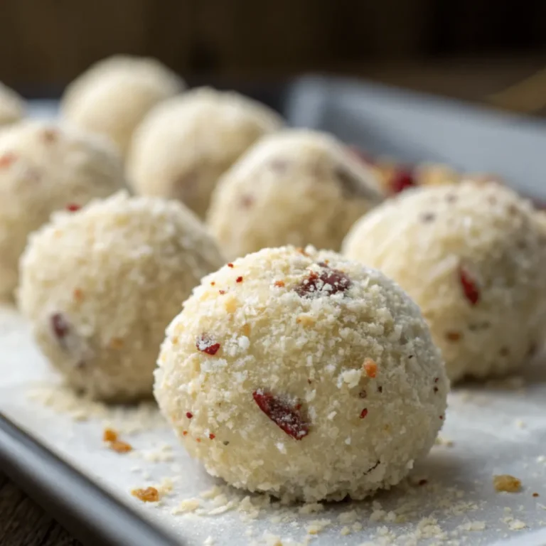 Frisch zubereitete schnelle Käsekuchen-Kugeln auf einem weißen Teller, leicht mit Kokosraspeln bestreut