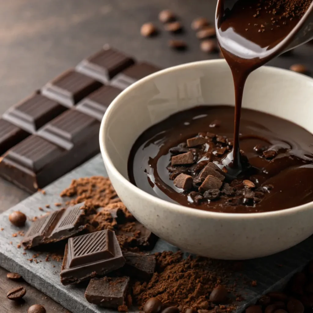 Geschmolzene dunkle Schokolade wird mit Espresso verrührt
