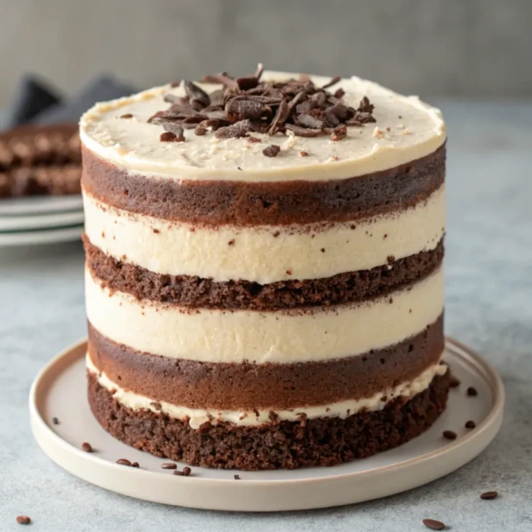 Ein aufgeschnittener Schokoladen Vanille Schichtkuchen mit deutlich sichtbaren Schichten aus Schokoladen- und Vanilleteig, serviert auf einem Holztisch