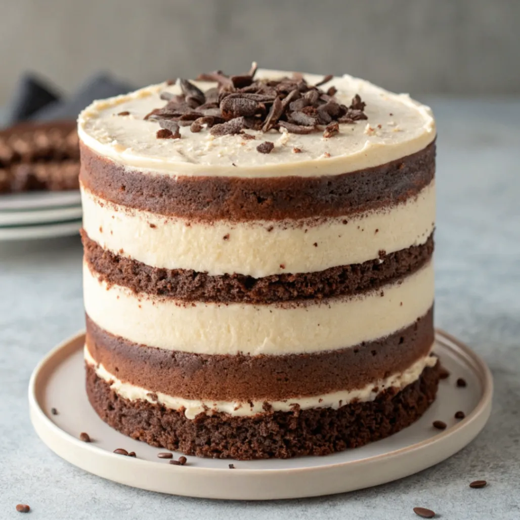 Ein aufgeschnittener Schokoladen Vanille Schichtkuchen mit deutlich sichtbaren Schichten aus Schokoladen- und Vanilleteig, serviert auf einem Holztisch