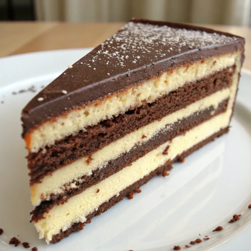 Ein aufgeschnittener Schokoladen Vanille Schichtkuchen mit deutlich sichtbaren Schichten aus Schokoladen- und Vanilleteig, serviert auf einem Holztisch
