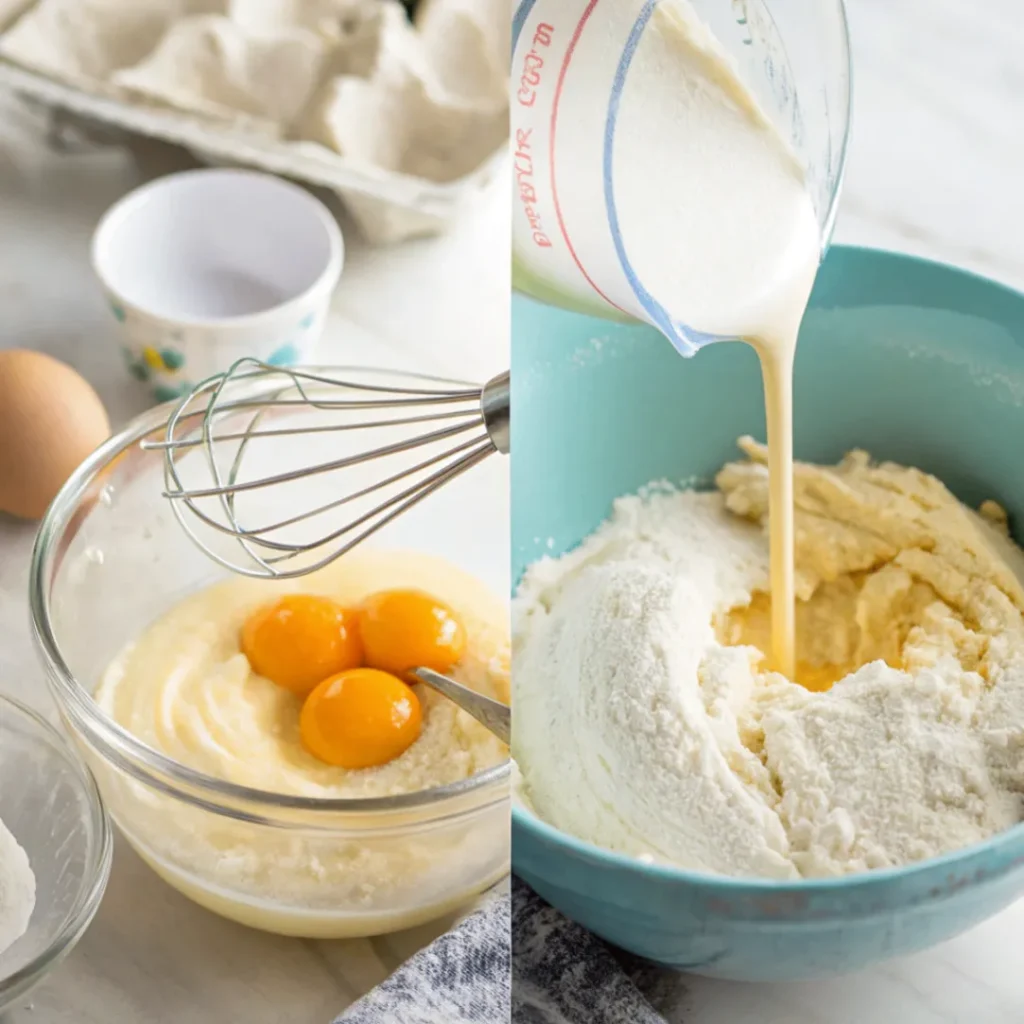 Schritt 5 – Mehlmischung und Milch einarbeiten  Schritt 4 – Eier unterrühren