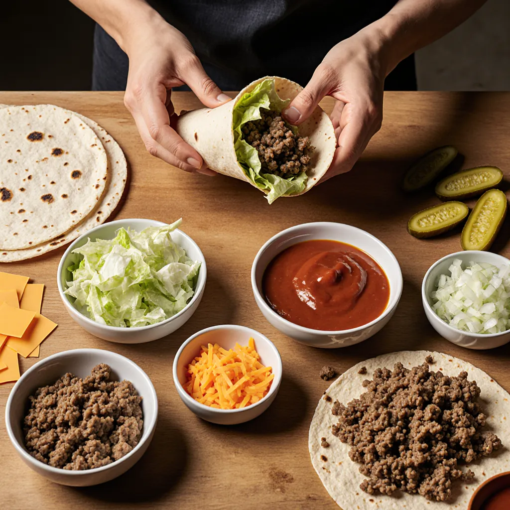 Zubereitung von Big Mac Wraps Schritt für Schritt mit frischen Zutaten und Big-Mac-Soße