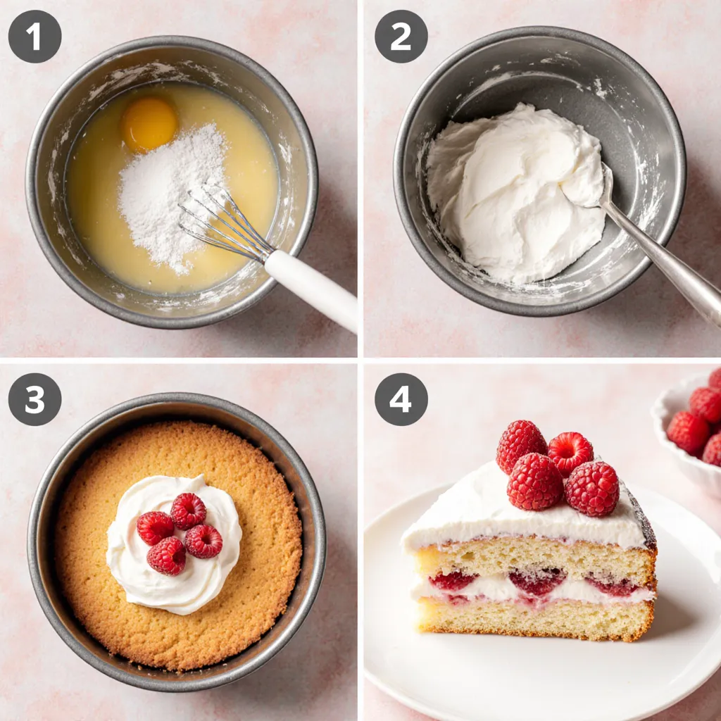 Schritt-für-Schritt Fotos zum Backen einer Himbeerwolke mit Mascarponecreme: Eier schlagen, Teig zubereiten, Biskuit backen, Mascarponecreme schlagen, Himbeeren einfüllen, Kuchen dekorieren und servieren