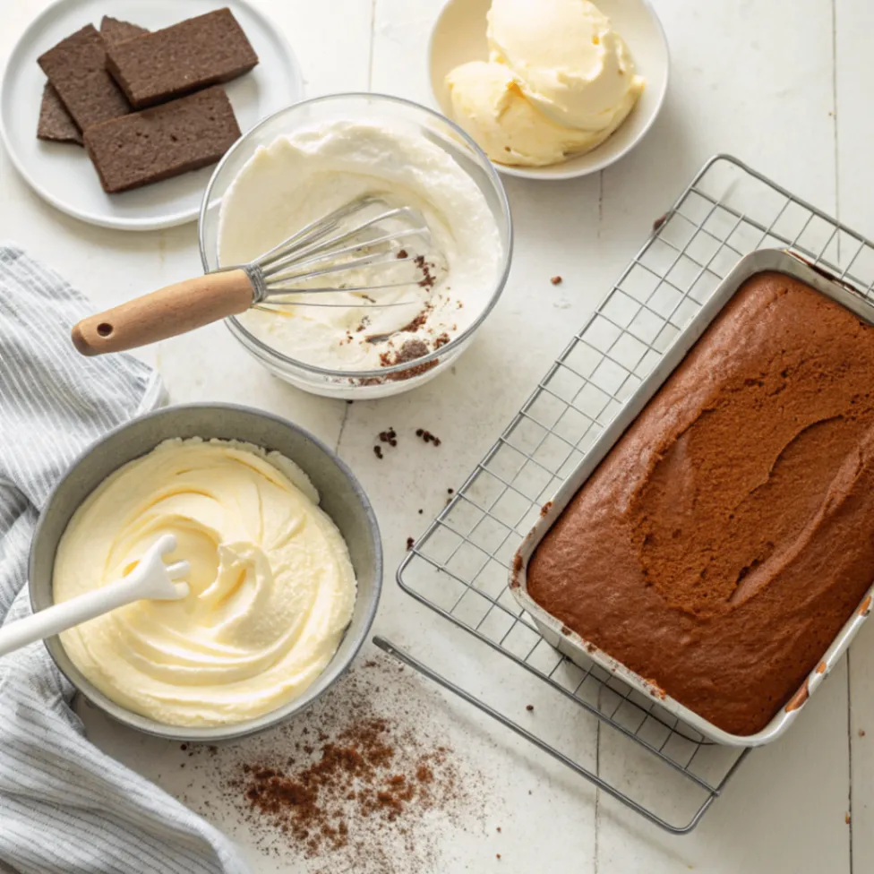 Schritt-für-Schritt-Zubereitung eines Milchschnittenkuchens mit Schokoboden und cremiger Milchfüllung