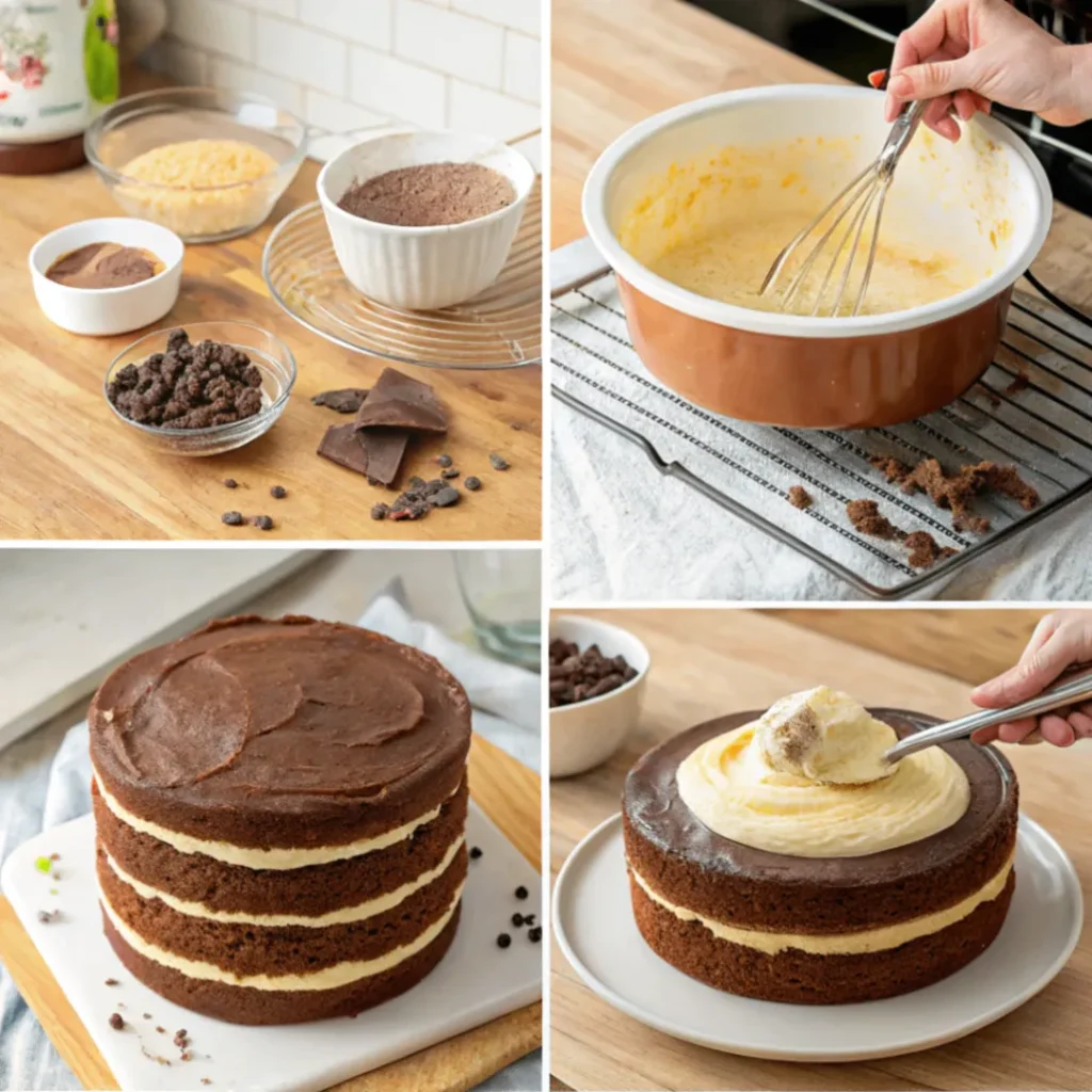 Fotoserie mit den einzelnen Schritten zur Herstellung eines Schokoladen Vanille Schichtkuchens: Zutaten abwiegen, Teig vermischen, Teigschichten in Form füllen, gebackener Kuchen und serviertes Stück Kuchen.