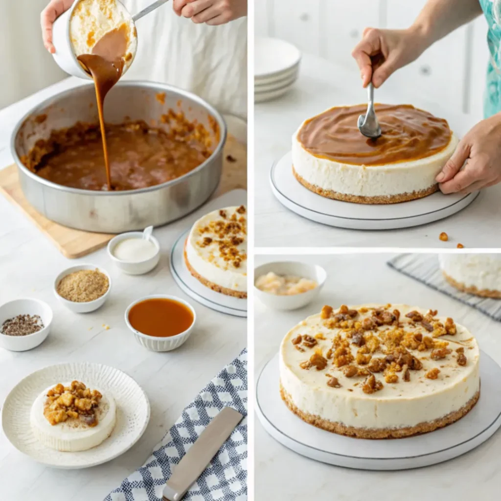 Schritt-für-Schritt-Anleitung zur Zubereitung von Butterkeks-Kuchen ohne Backen mit Milchmädchen Karamell mit Keks- und Karamellschichten