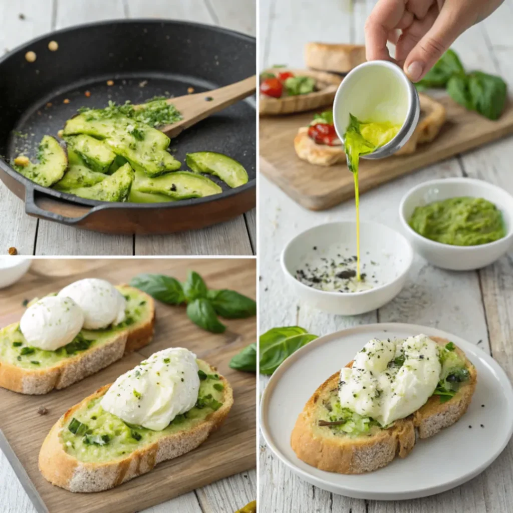 Schritt-für-Schritt-Bild: Zubereitung von Frische Avocado-Burrata-Bruschetta mit geröstetem Ciabatta, Avocadocreme und Burrata
