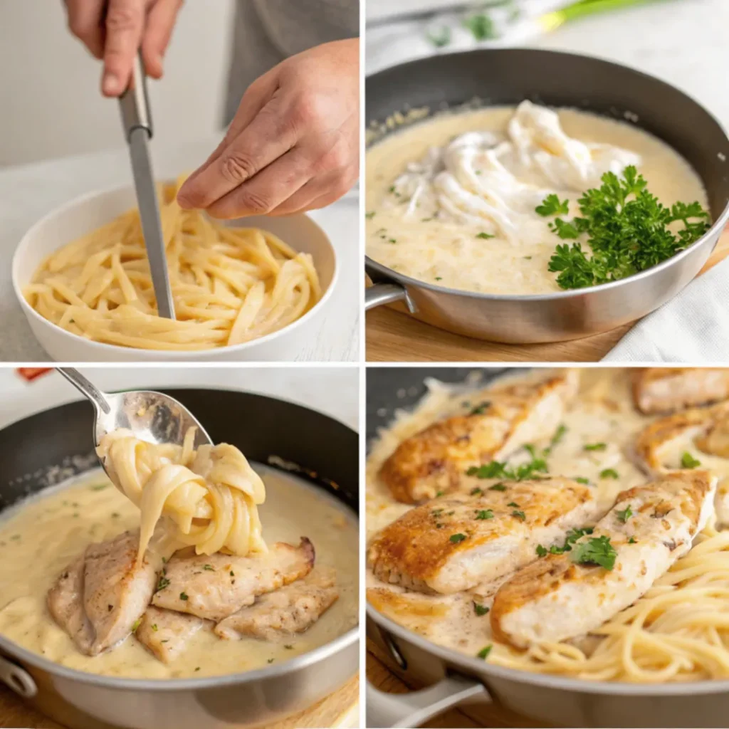 Schritt-für-Schritt-Anleitung zur Zubereitung von zarten Hähnchenstreifen mit cremigen Nudeln in sahniger Sauce