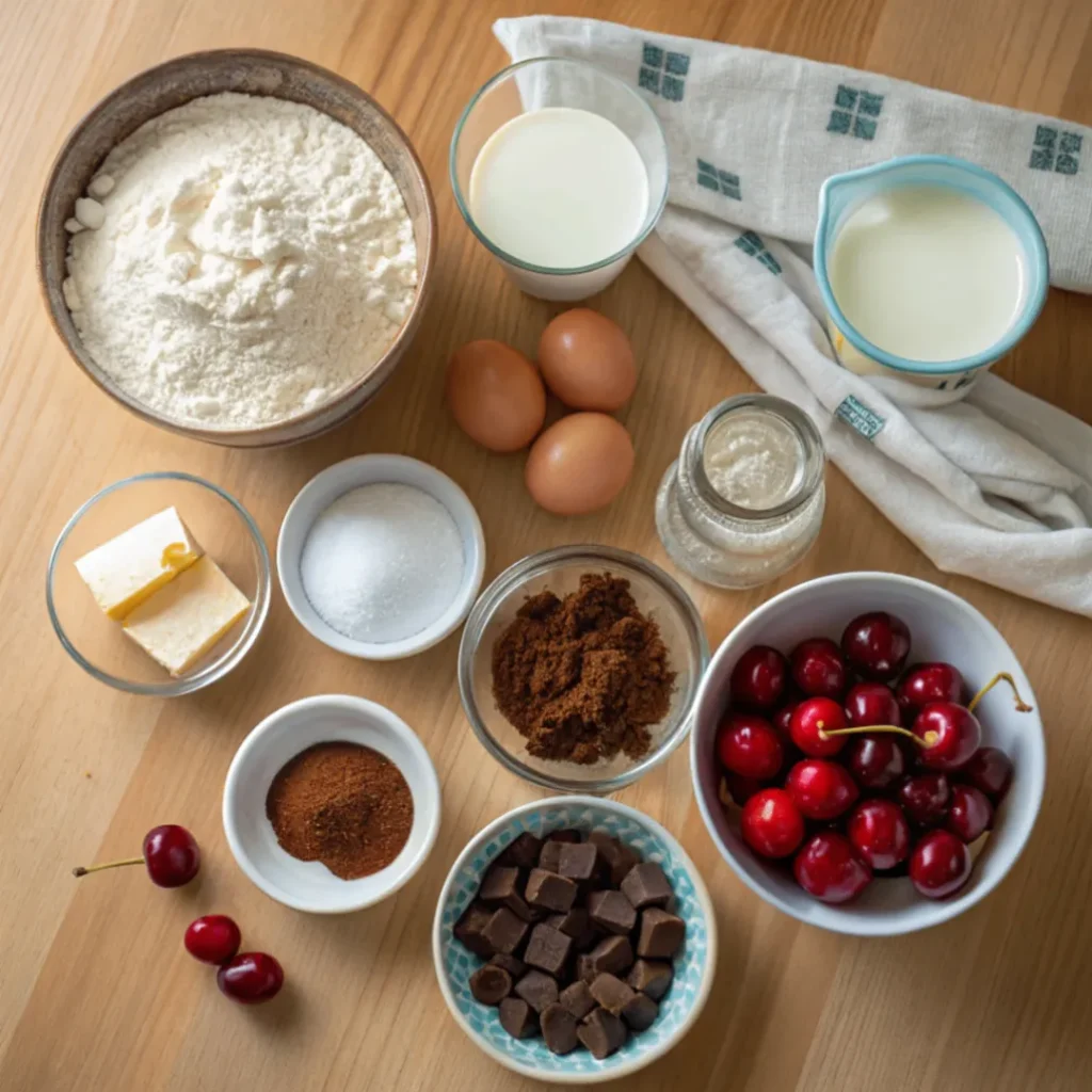 Alle Zutaten für Schwarzwälder Kirsch Cupcakes auf einem Holztisch: Mehl, Zucker, Kakao, Eier, Butter, Milch, Kirschen, Sahne, Schokolade und Kirschwasser