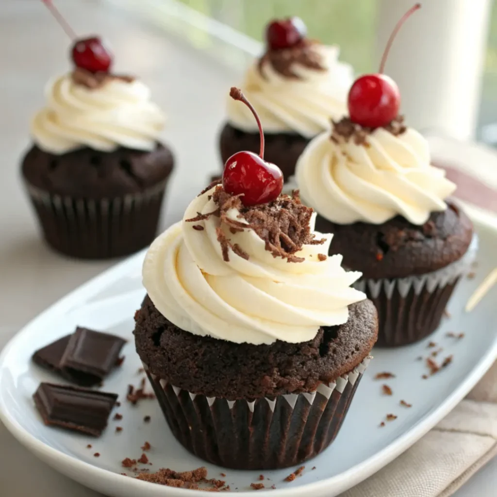 Saftige Schwarzwälder Kirsch Cupcakes mit Schokoladenboden, Kirschfüllung, Sahnetopping, Schokoraspeln und frischer Kirsche