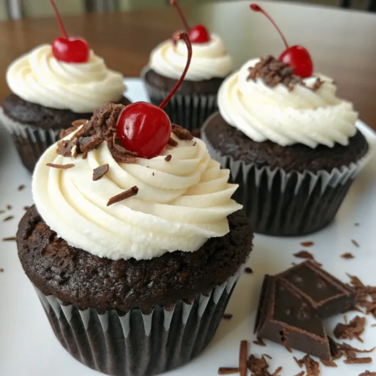 Saftige Schwarzwälder Kirsch Cupcakes mit Schokoladenboden, Kirschfüllung, Sahnetopping, Schokoraspeln und frischer Kirsche