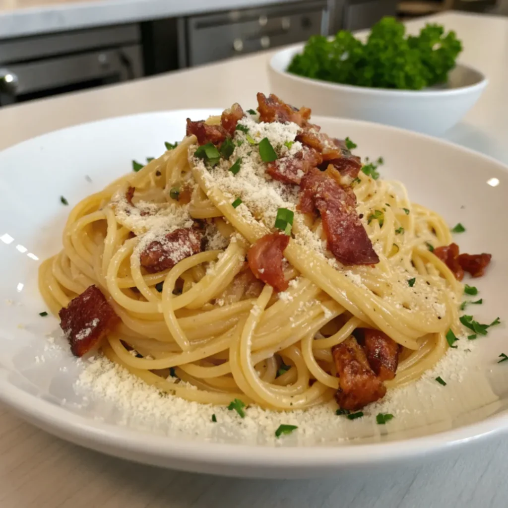 Cremige Spaghetti Carbonara mit Guanciale und Pecorino Romano auf rustikalem Teller serviert