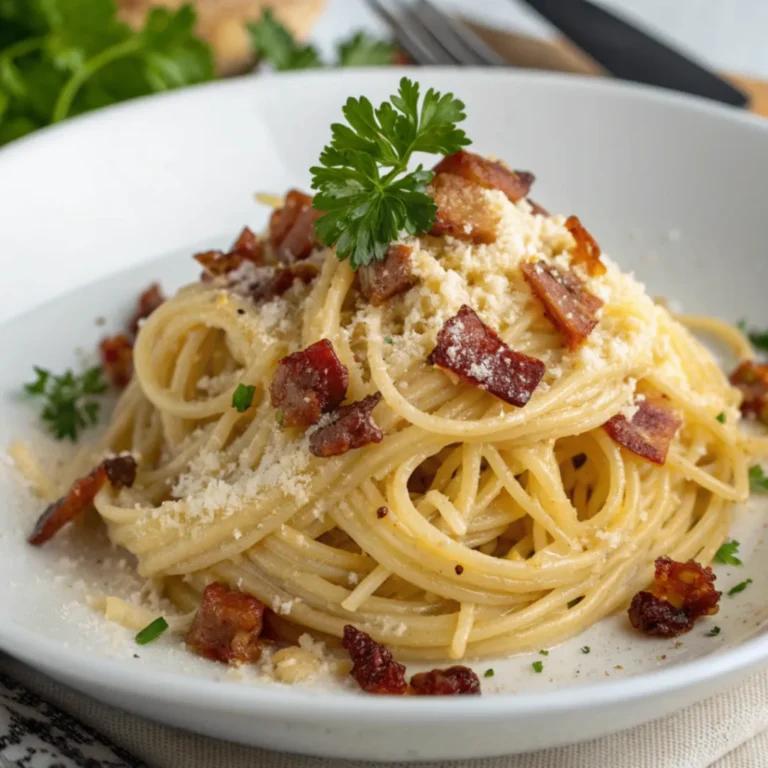 Cremige Spaghetti Carbonara mit Guanciale und Pecorino Romano auf rustikalem Teller serviert