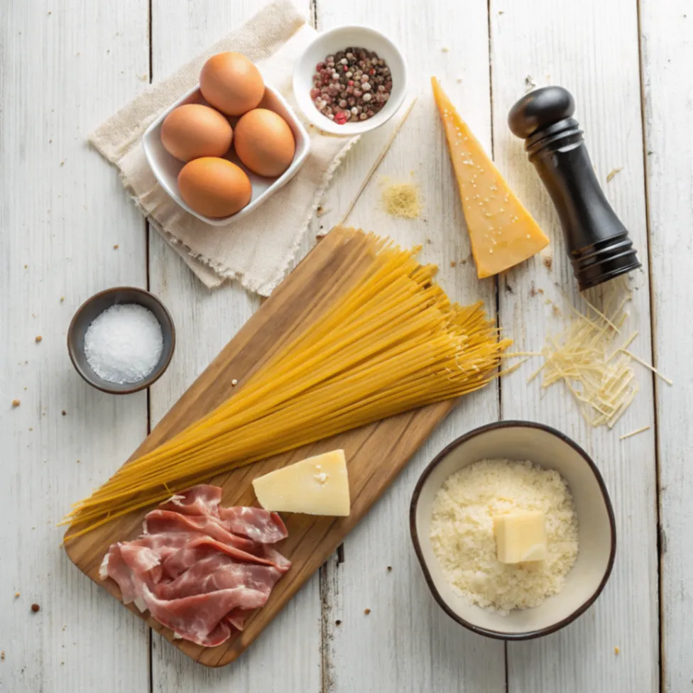 Essenzielle Zutaten für Spaghetti Carbonara – Spaghetti, Guanciale, Eier, Pecorino, Parmesan und Pfeffer