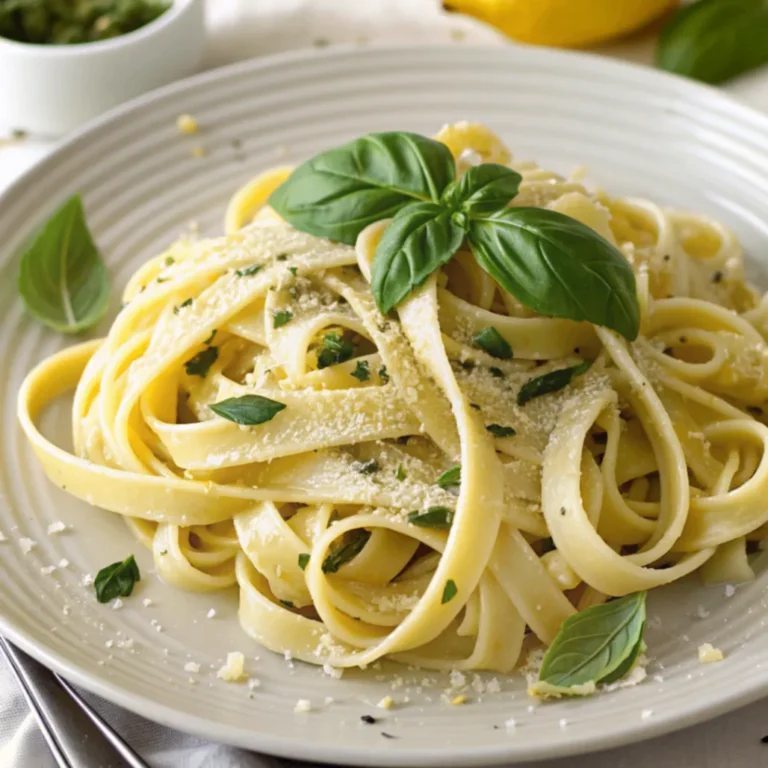 Cremige Tagliatelle mit Zitronen-Basilikum-Sauce, garniert mit frischem Basilikum und Parmesan