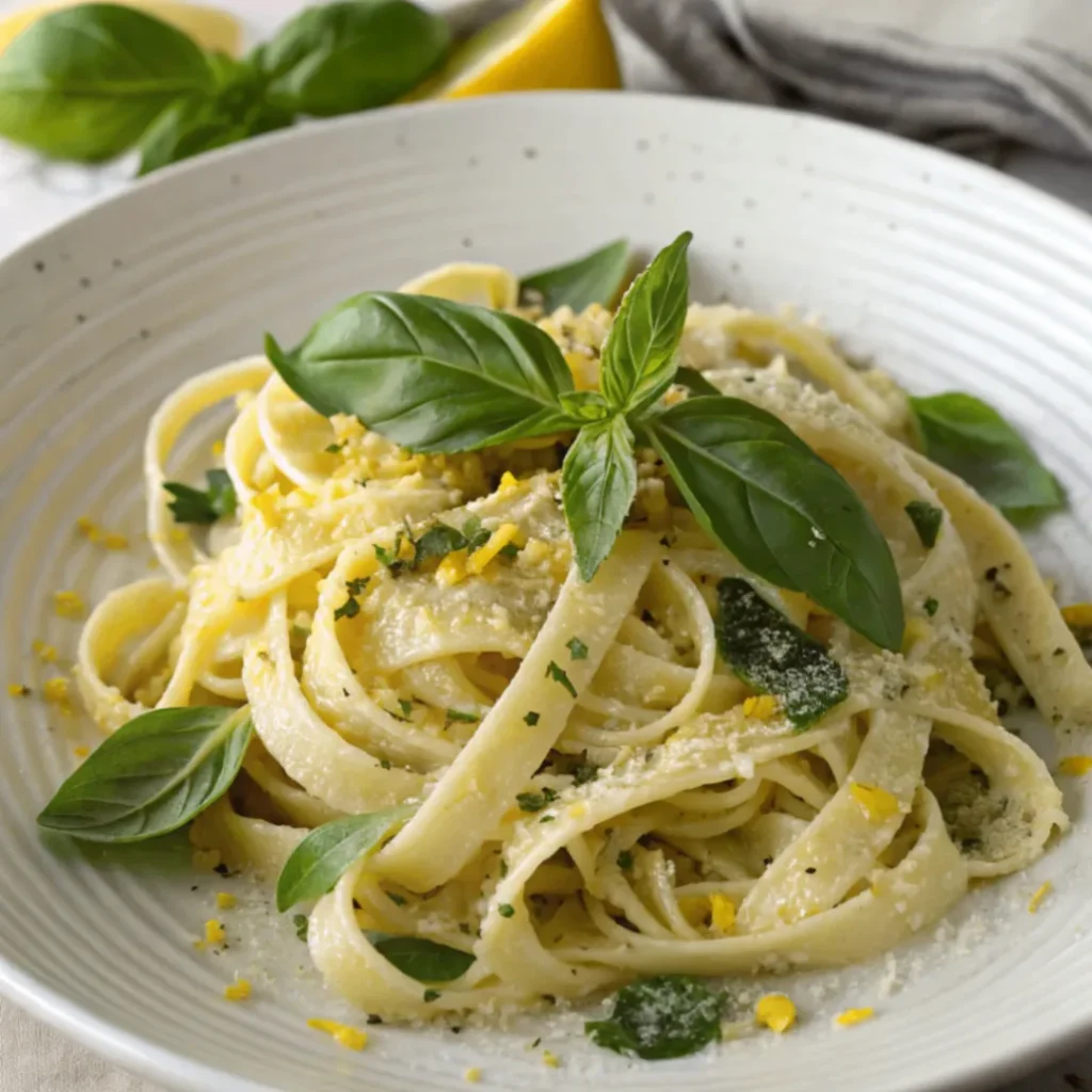 Cremige Tagliatelle mit Zitronen-Basilikum-Sauce, garniert mit frischem Basilikum und Parmesan
