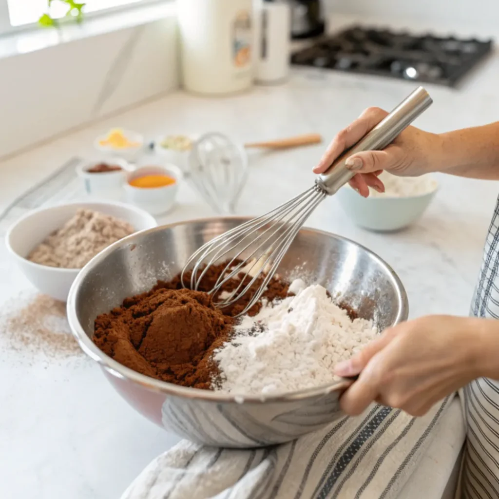 Trockene Zutaten für Schwarzwälder Kirsch Cupcakes mischen