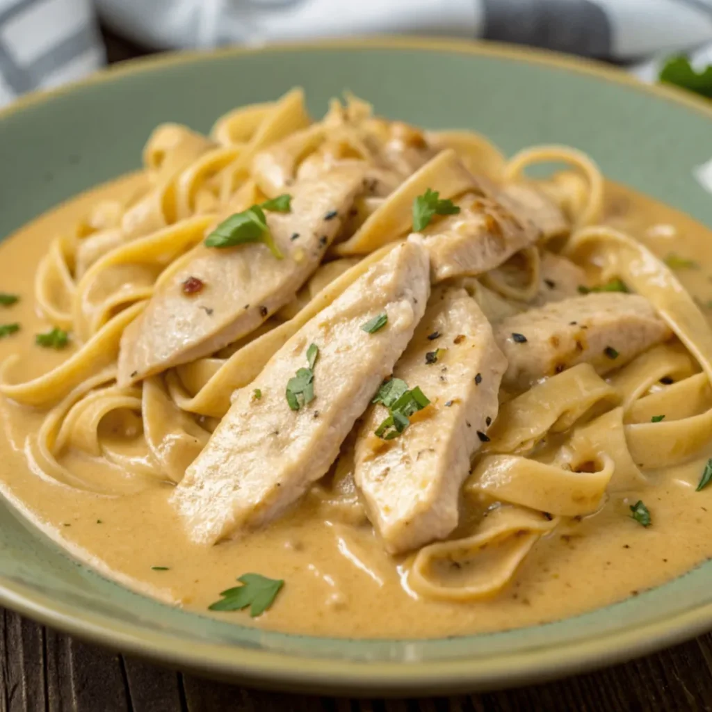 Zarte Hähnchenstreifen mit cremigen Nudeln in sahniger Sauce auf rustikalem Teller mit Petersilie und Parmesan