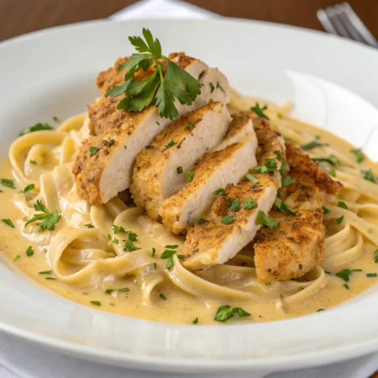 Zarte Hähnchenstreifen mit cremigen Nudeln in sahniger Sauce auf rustikalem Teller mit Petersilie und Parmesan
