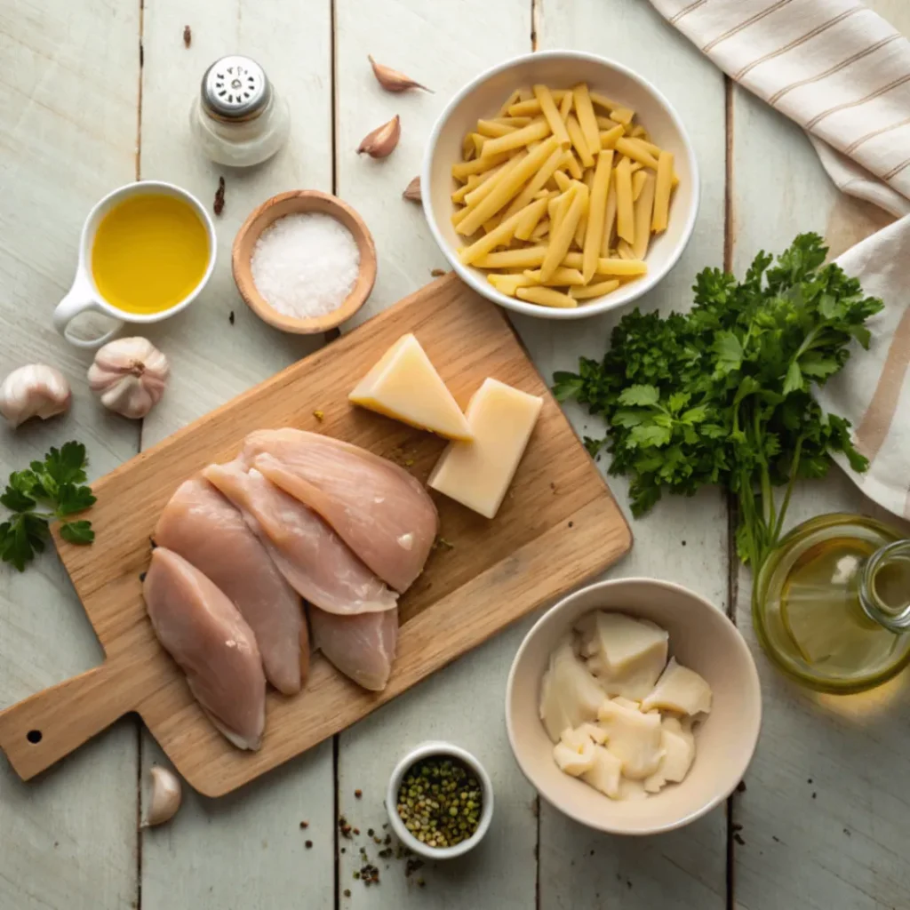Die wichtigsten Zutaten für zarte Hähnchenstreifen mit cremigen Nudeln in sahniger Sauce auf einen Blick