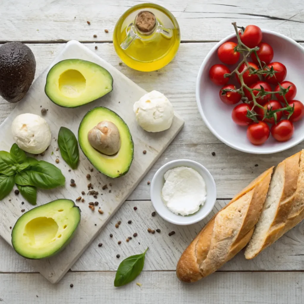 Frische Zutaten für Avocado-Burrata-Bruschetta mit Avocado, Burrata, Ciabatta, Tomaten, Basilikum und Olivenöl auf Holzbrett