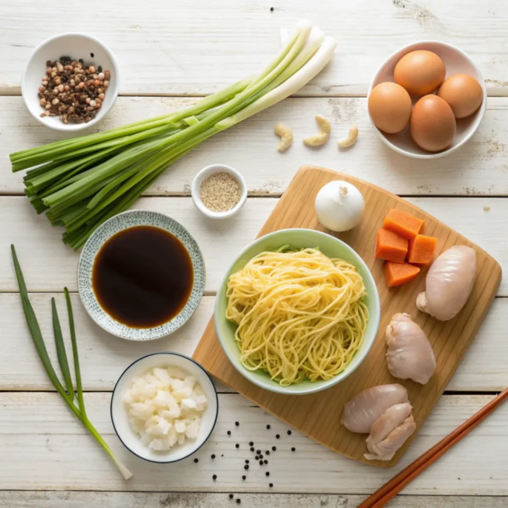 Frische Zutaten für Goreng-Nudeln: Nudeln, Gemüse, Eier und Sojasauce