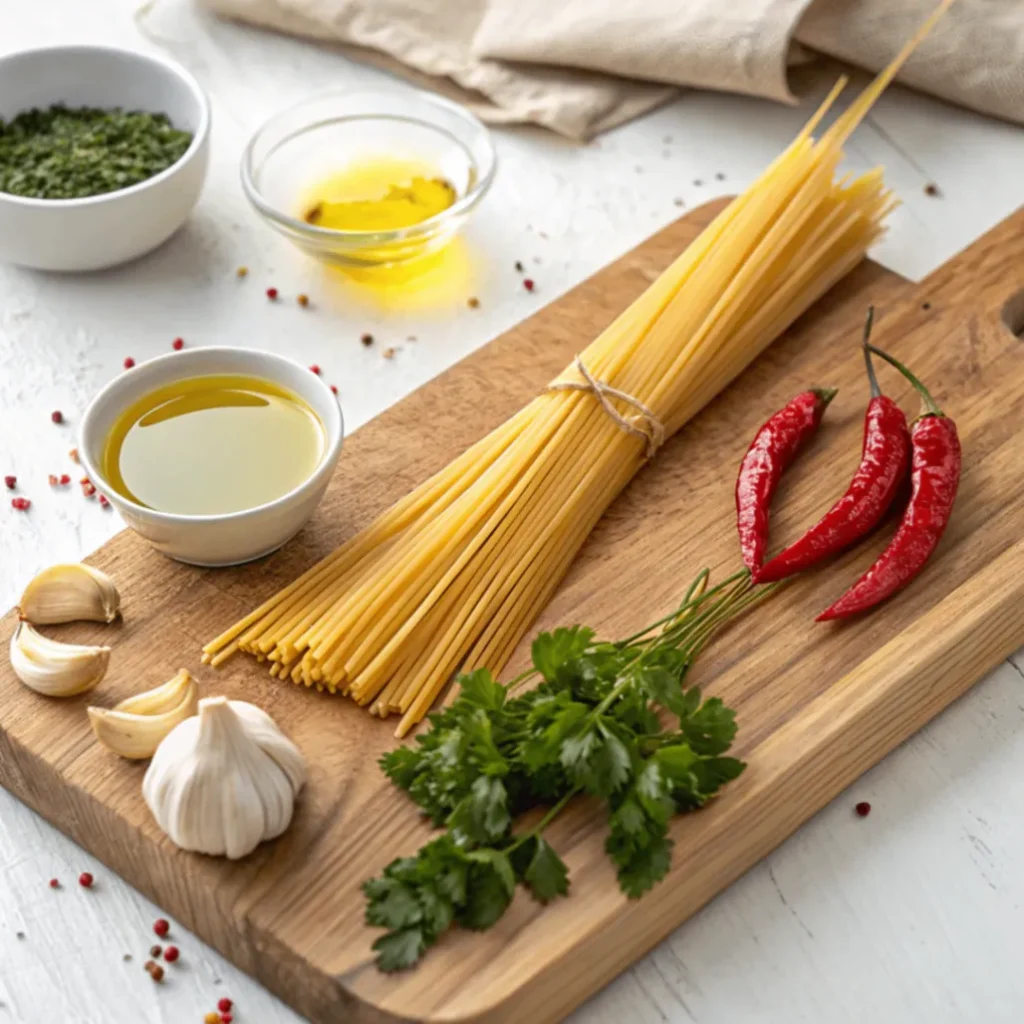Frische Zutaten für Spaghetti aglio olio e peperoncino – Spaghetti, Knoblauch, Olivenöl und Peperoncini