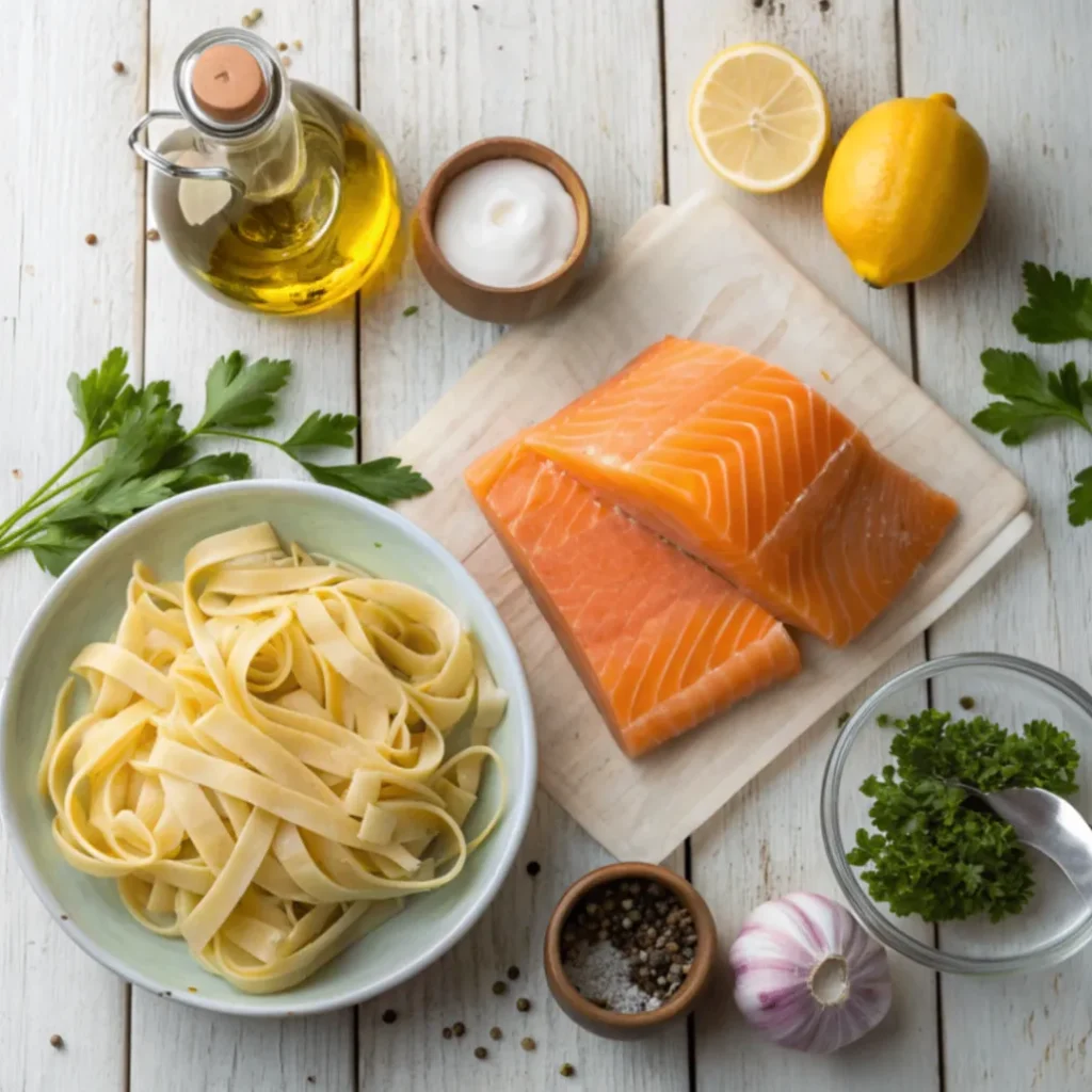 Frische Zutaten für Tagliatelle al Salmone mit Pasta, Lachs, Sahne, Zwiebeln, Kräutern und Zitrone